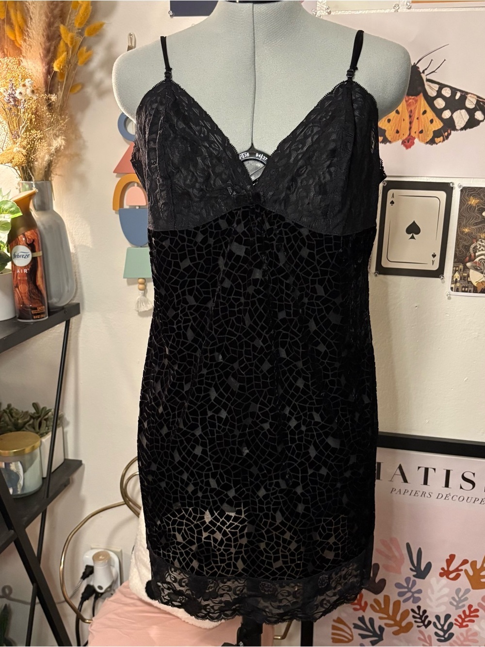 Victoria's Secret Black Lace & Velvet Mosaic Slip Chemise